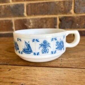 Vintage Hazel Atlas Hazel Ware Milk Glass Handle Soup Bowl Delft Blue Print